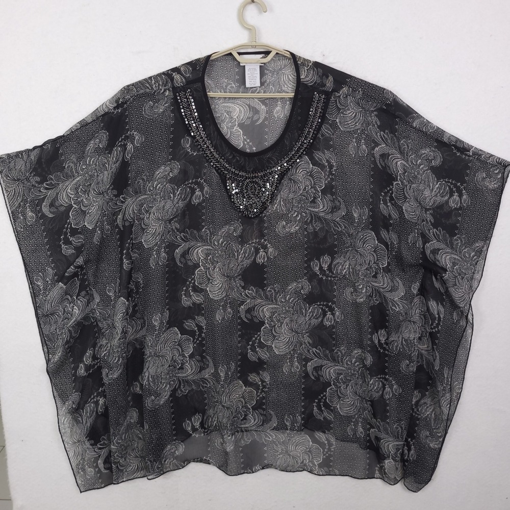 Soft Surroundings Top Poncho Floral Sheer One Size Beaded Beach Vocation Resort